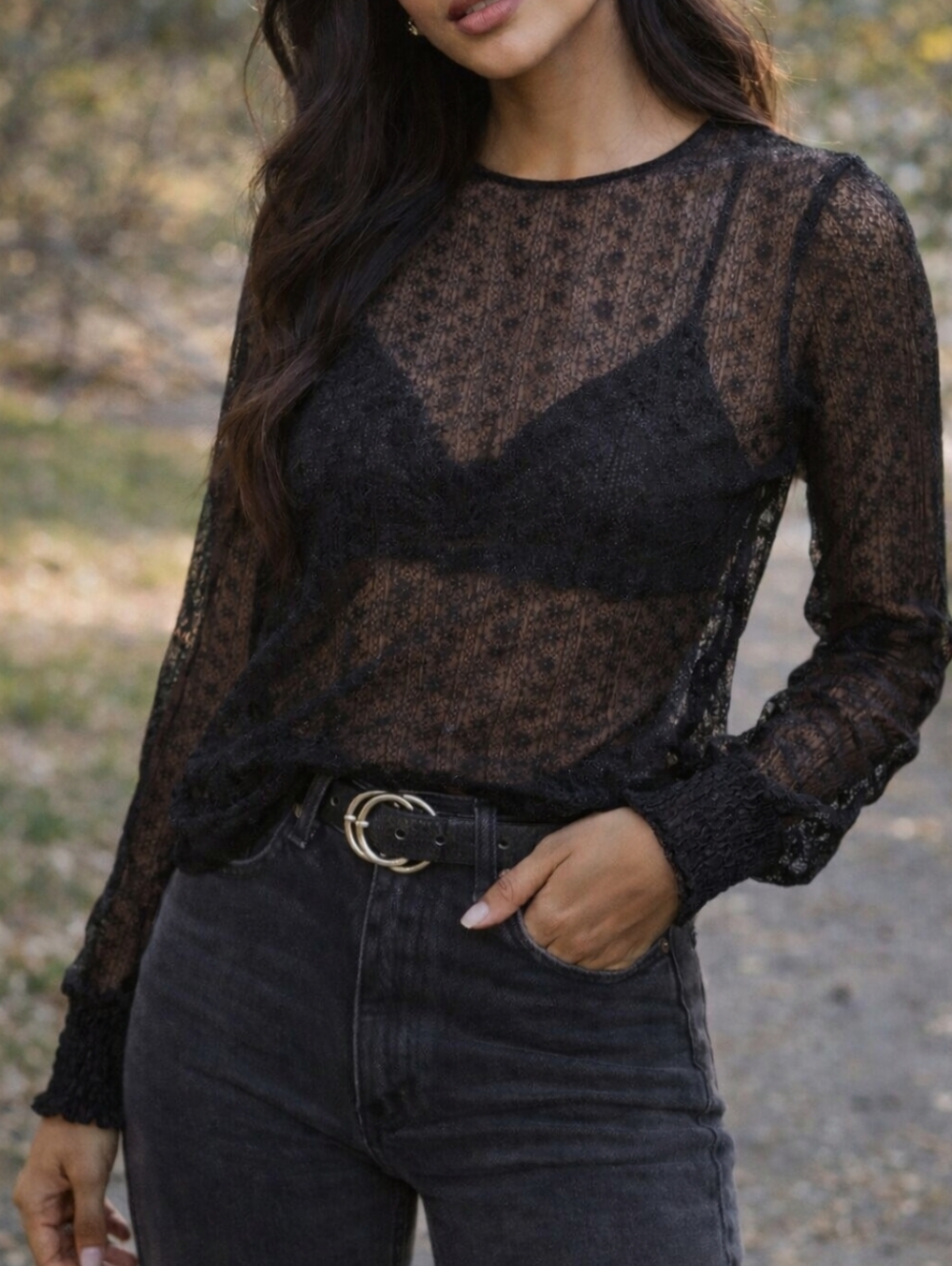 Dynamite Black Sheer Lace Blouse Long Sleeve Romantic Goth Chic Stretch Mesh Top